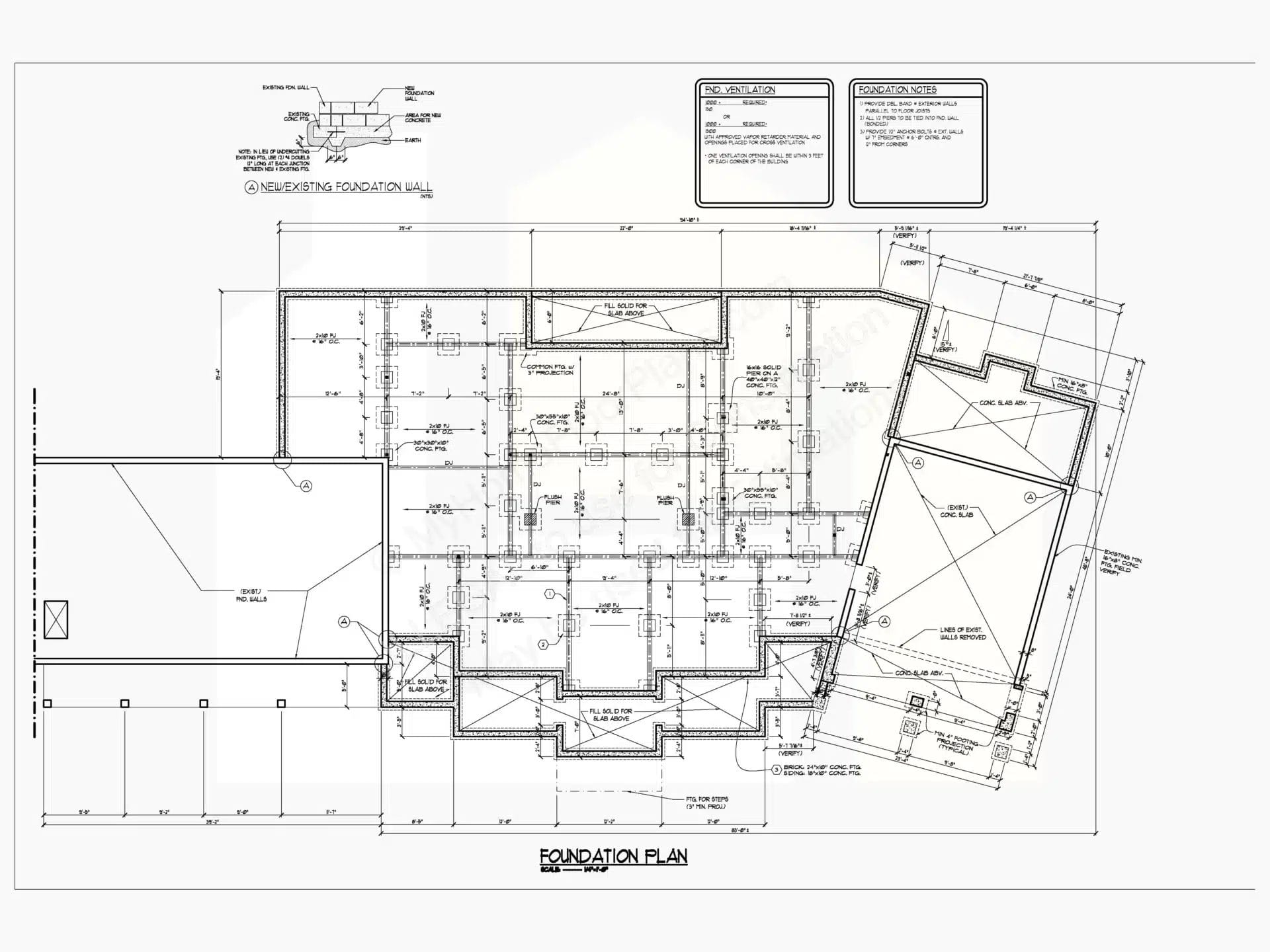 Detailed architectural home design plan with labeled sections, measurements, and construction notes. Features include footings, columns, and walls, presented in a technical blueprint style for the 9-1840.