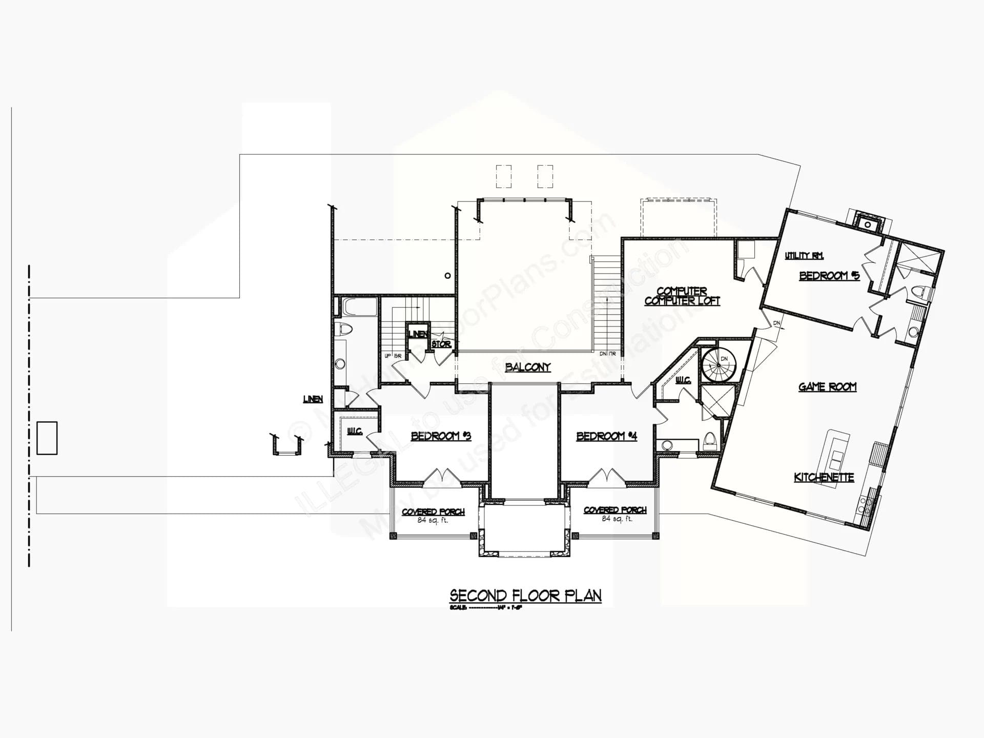 Architectural design of a second-floor plan for a home featuring layout details including three bedrooms, a game room, a computer space, two bathrooms, and a balcony. Labels and measurements are clearly indicated for the 9-1840.