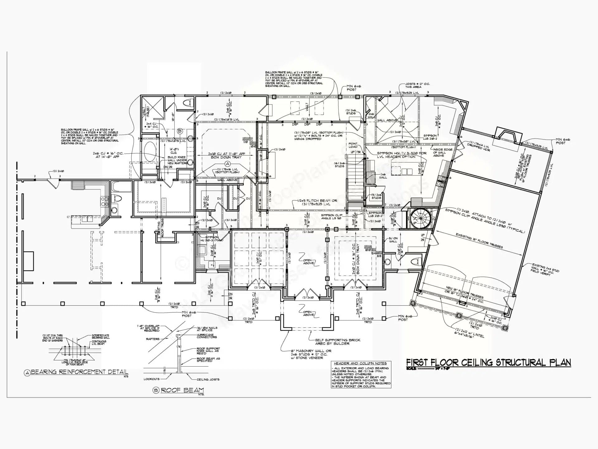 A detailed architectural blueprint of a first floor ceiling structural plan for a home. The 9-1840 displays various technical notations, measurements, room layouts, and beam placements essential for construction purposes.