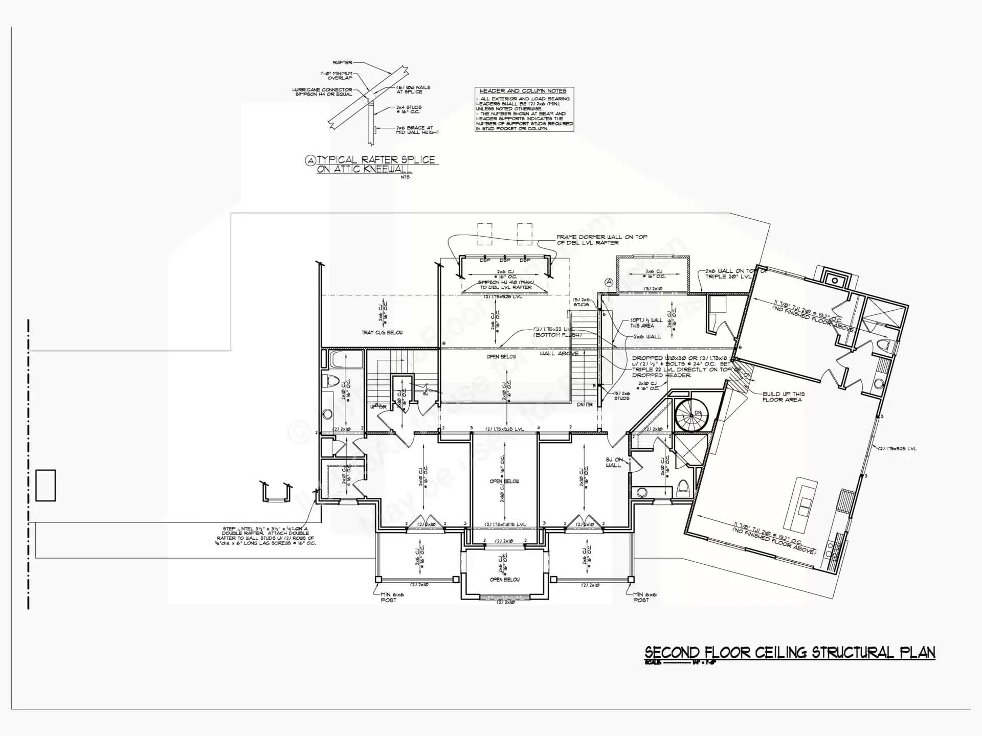 Architectural blueprint of a second-floor ceiling design plan 9-1840. It features detailed layout views with annotations, measurements, ceiling junctions, and fixture placements, rendered in thin black lines on a white background.