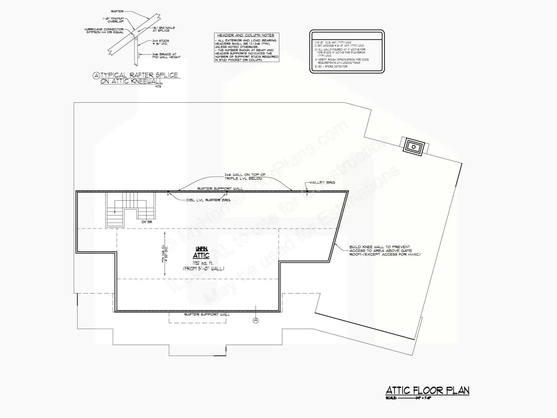 This image displays a detailed architectural attic floor plan for a home. It includes measurements, room labels, and annotations for construction elements like trusses and insulation, presented in a precise, technical drawing style using the 9-1840.