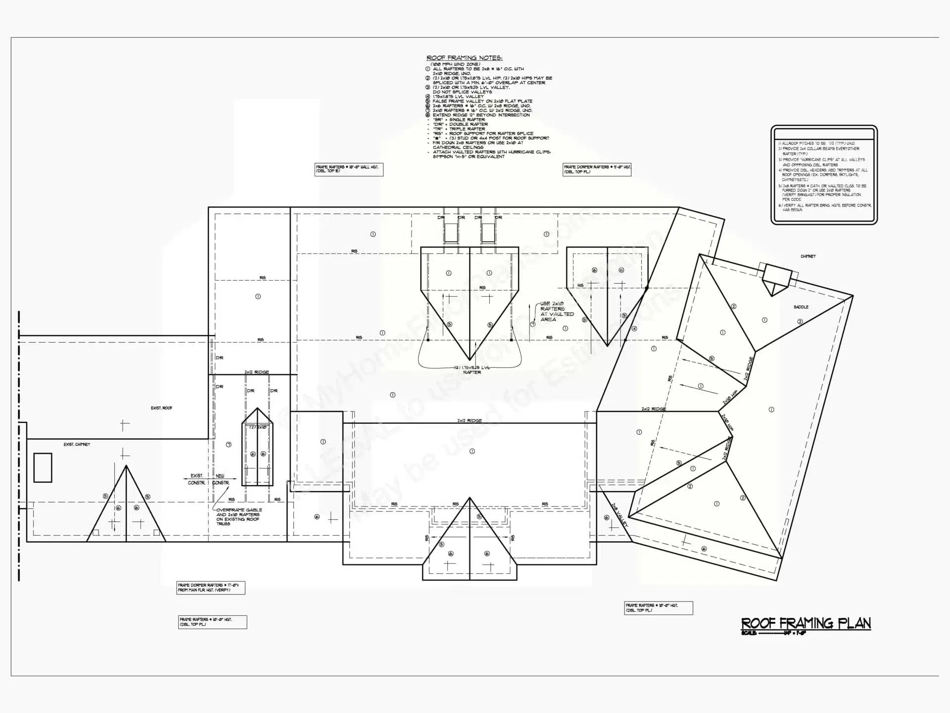 This image displays a detailed 9-1840 framing plan for a home. It includes multiple sections and elevations, with annotations and measurements specifying dimensions and materials. The design layout is clear and organized, highlighting different roof features.